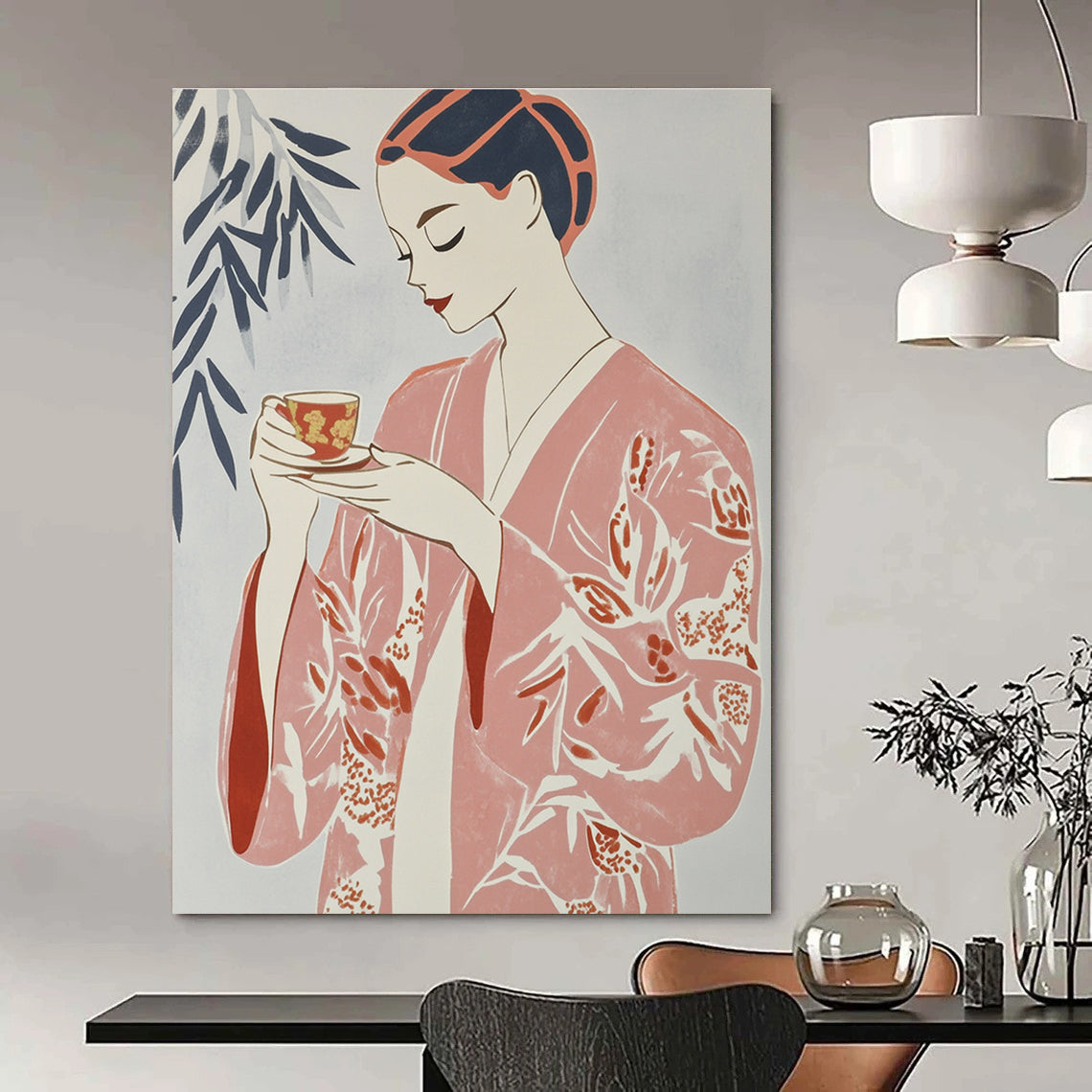 Large Abstract Artwork Featuring A Woman In A Floral Robe Relaxing With Tea Against A Light Grey Background In Risograph Gouache Style.STSC1314