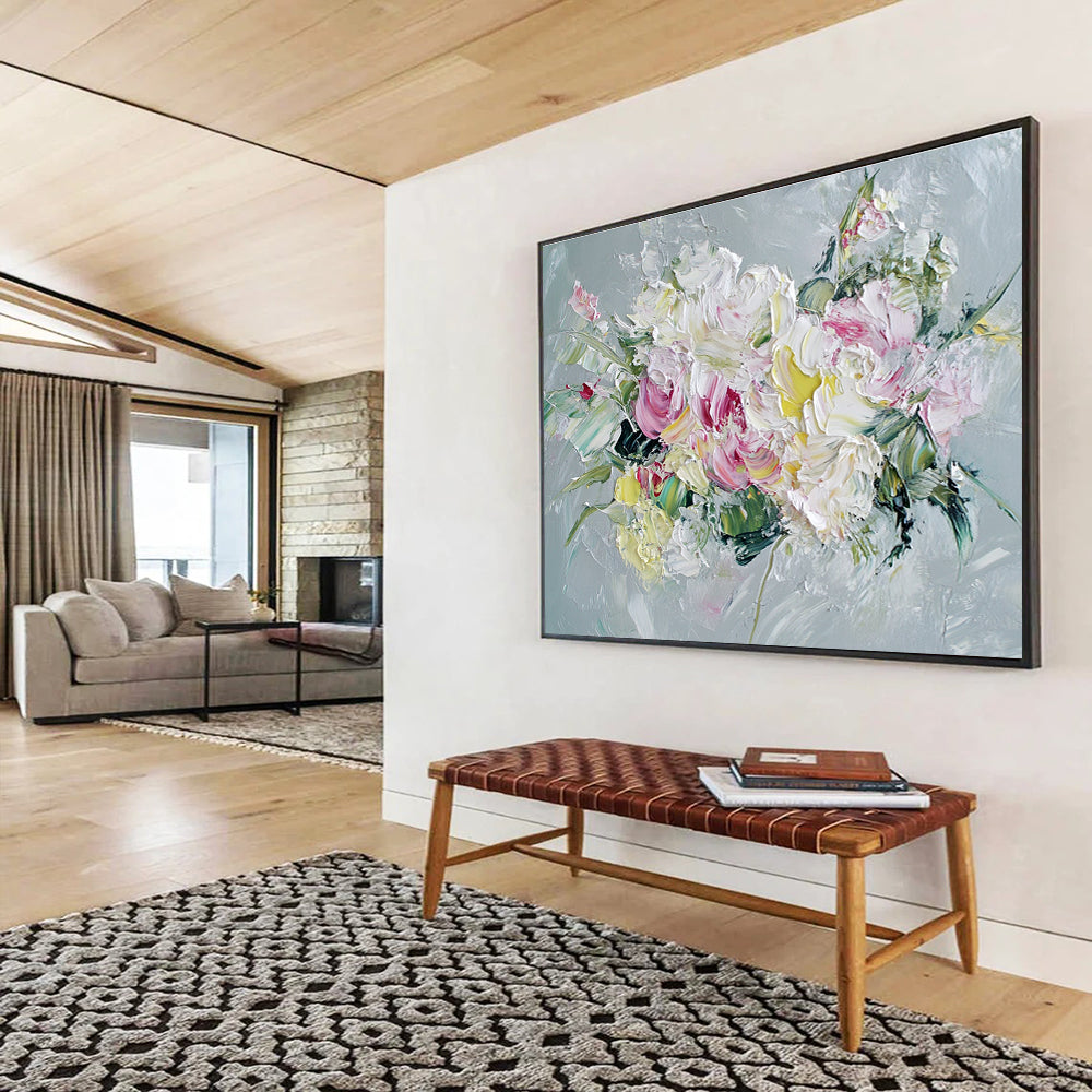 Textured Flower Bouquet Abstract Painting with Pink White and Green DYP284
