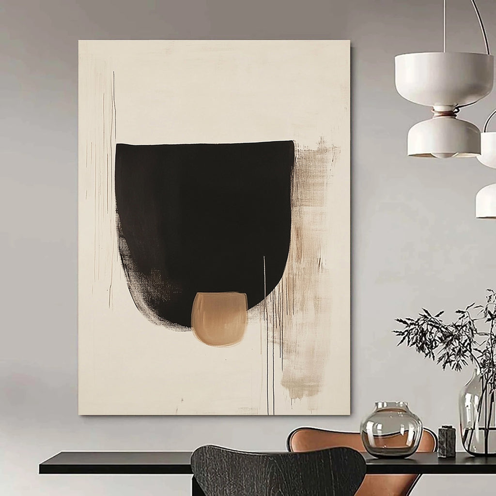 Large abstract black shapes on white background with a small brown detail inspired by Euan Uglow and Tadao Ando's minimalist style.STSC1069