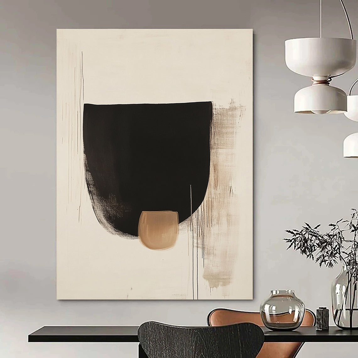 Large abstract black shapes on white background with a small brown detail inspired by Euan Uglow and Tadao Ando's minimalist style.STSC1069