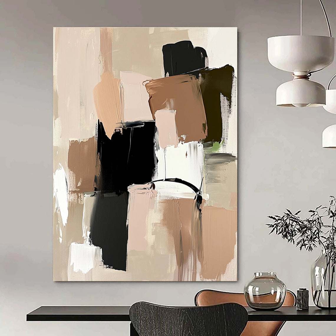 Large abstract painting featuring neutral tones beige and black shapes soft pink and green accents on a beige background with loose brush strokes.STSC779