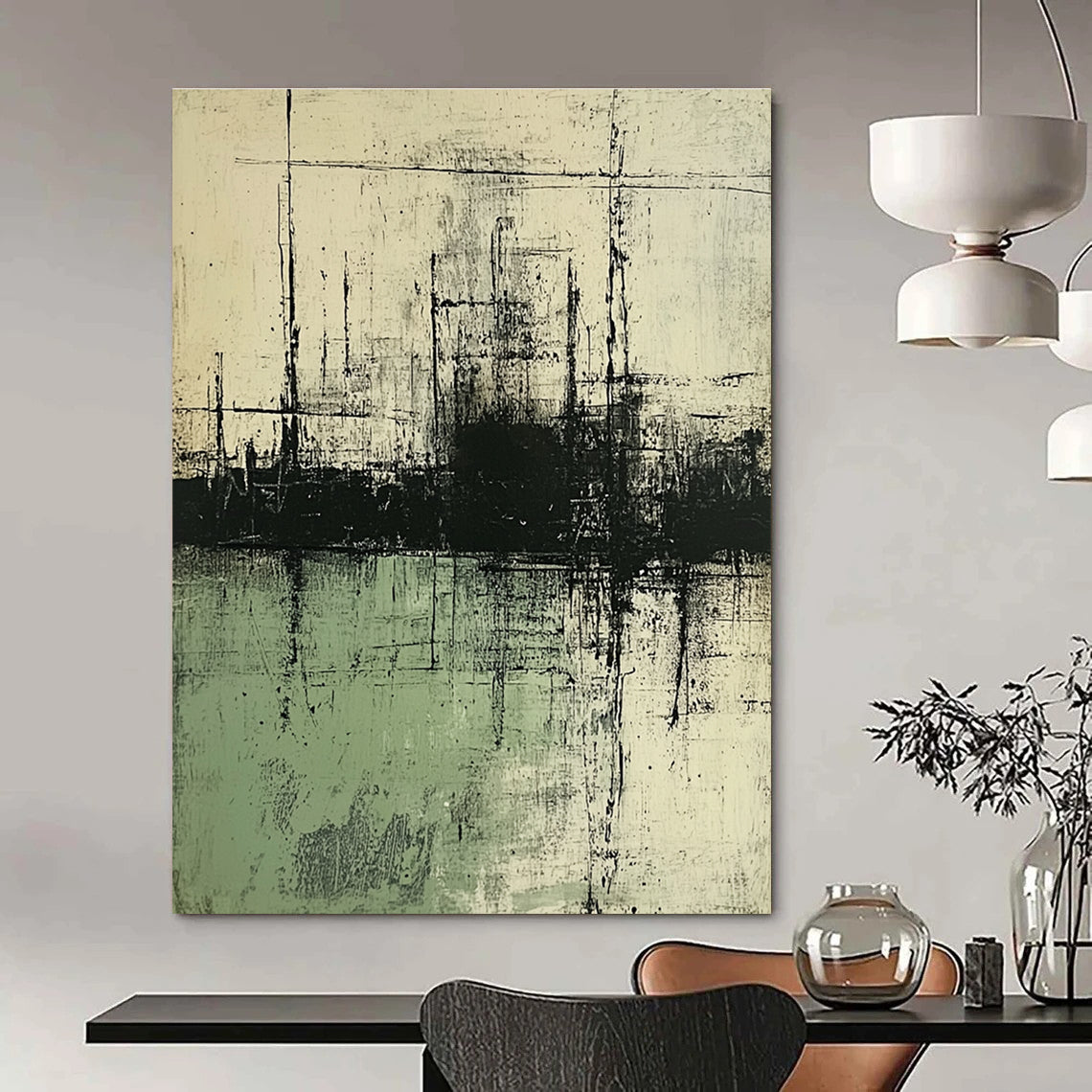 Large abstract painting featuring neutral tones of green and gray with water elements inspired by multiple renowned artists.STSC139