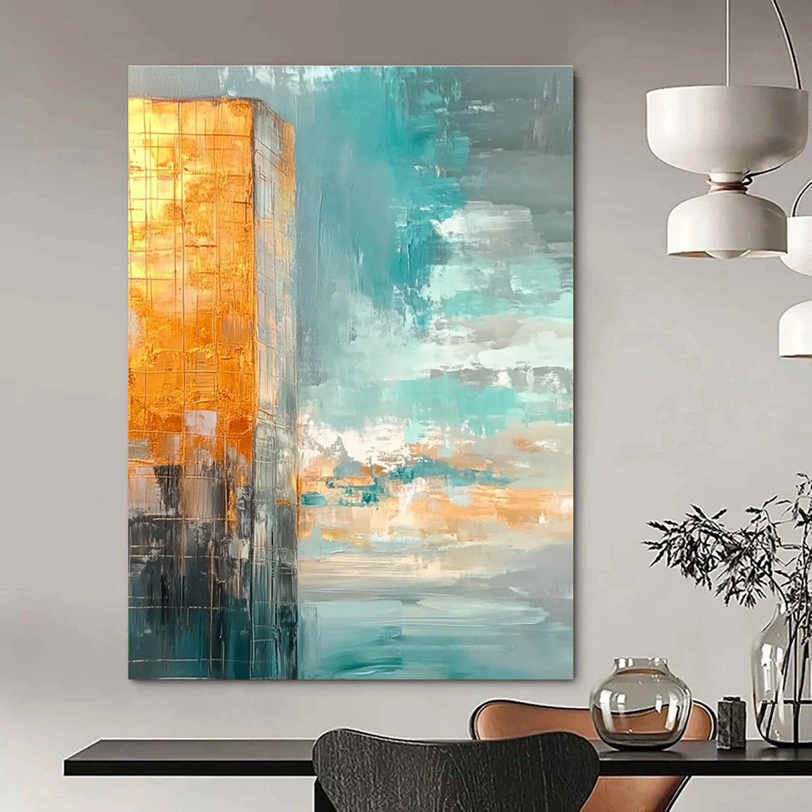 Large abstract painting featuring muted teal and gold tones with a vast sky clouds and calm water creating a serene atmosphere.STSC090