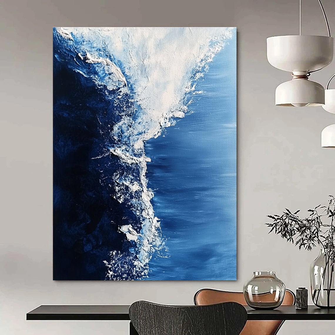 Large abstract painting of swirling Arctic sea in white and blue tones features visible brush strokes and snow crystal details for a hyper-realistic effect.STSC348