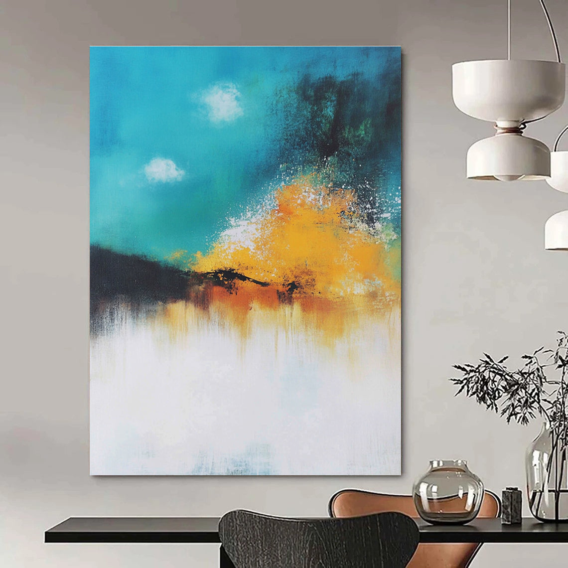 Large abstract painting of a serene explosion in pastel teal and yellow with soft smoke rising and a vintage hand-drawn feel.STSC643