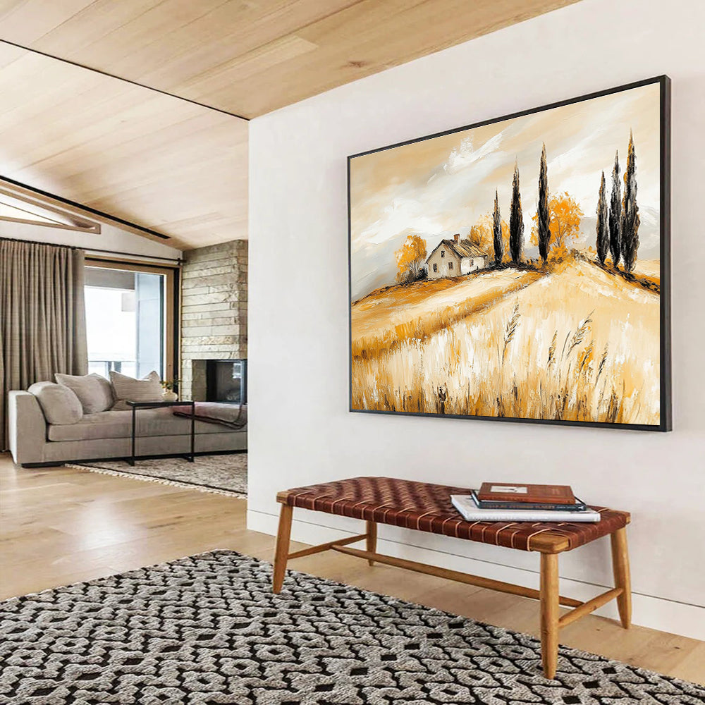 Yellow - Toned Rural Landscape Abstract Painting with a House DYP134