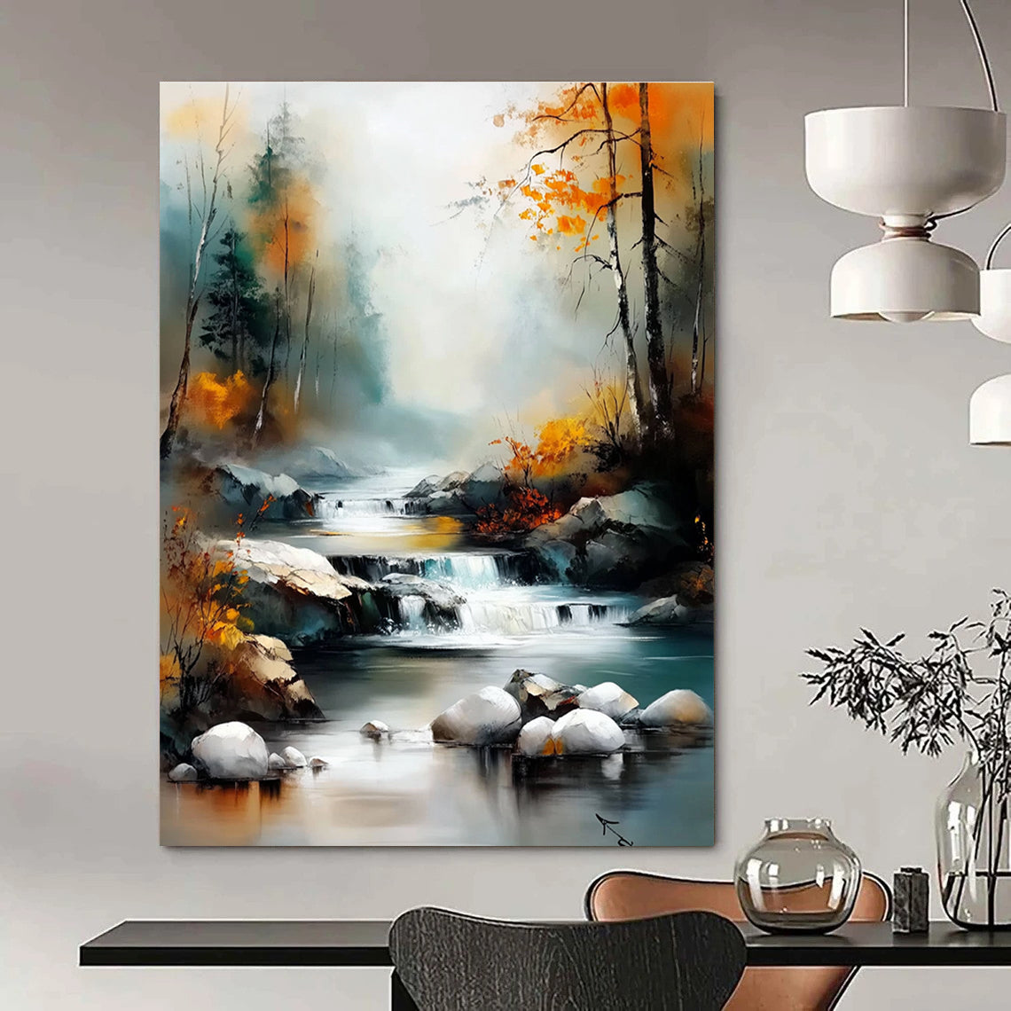 Large abstract painting capturing a river through a valley with autumn trees and vibrant colors in a soft misty style reminiscent of Claude Monet.STSC1165