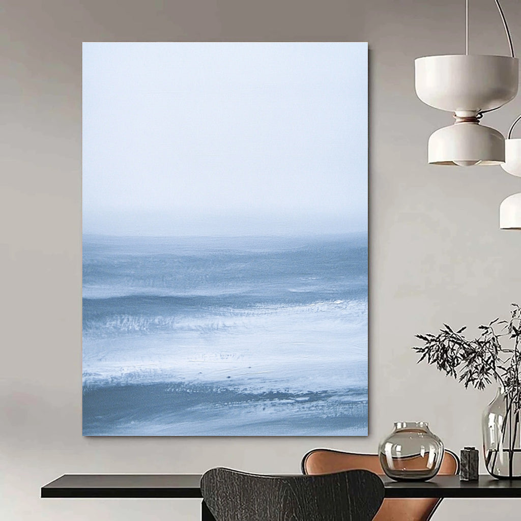 Large abstract painting featuring blue-gray sea minimalism inspired by James Tissot and J.M.W. Turner for a serene and elegant atmosphere.STSC028