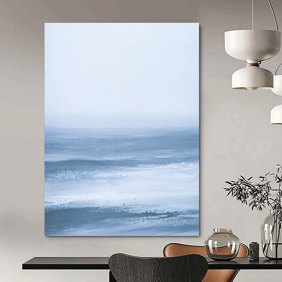 Large abstract painting featuring blue-gray sea minimalism inspired by James Tissot and J.M.W. Turner for a serene and elegant atmosphere.STSC028