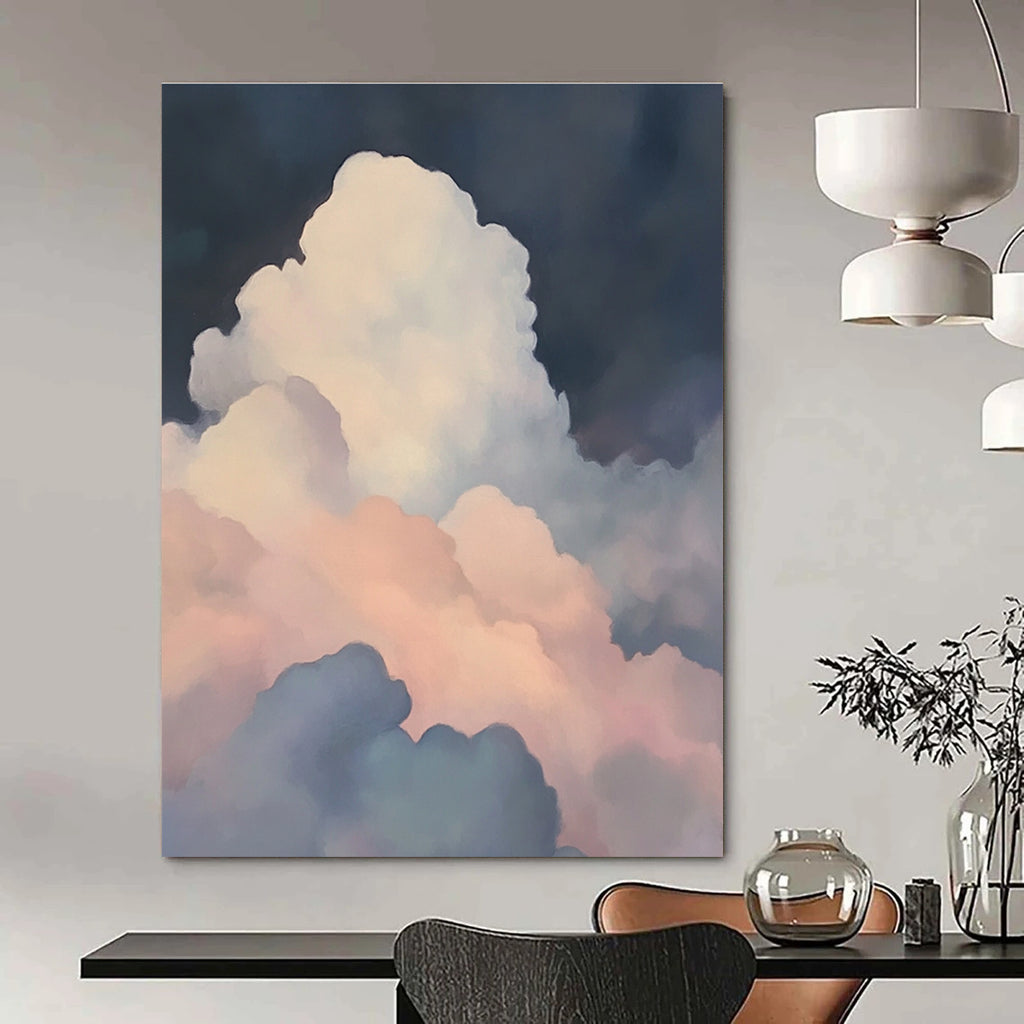 A large abstract painting featuring soft atmospheric scenes with a misty atmosphere and ethereal light shining through colorful clouds.STSC1036
