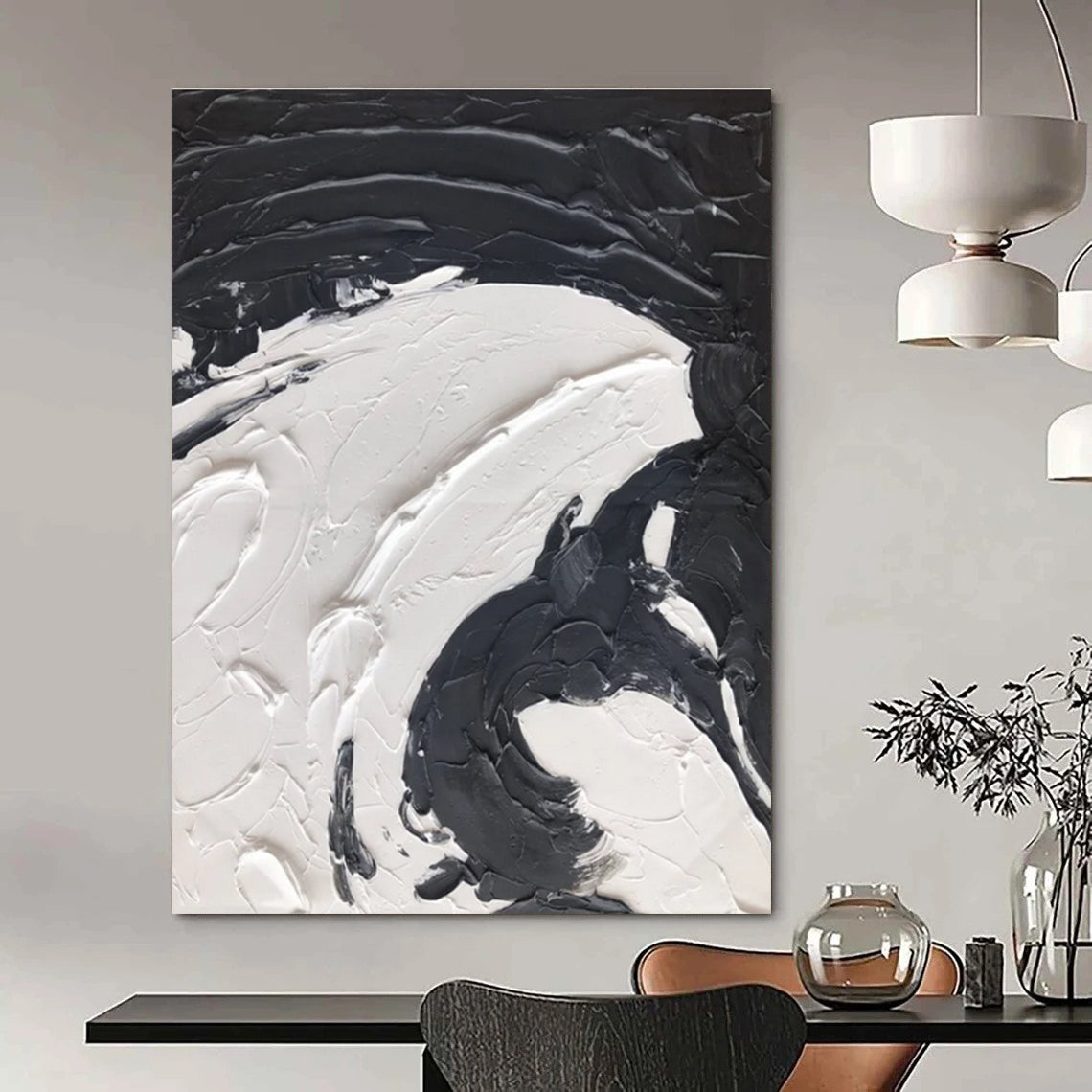 Black and White Swirl - Textured Abstract Painting with Bold Strokes ADGE393