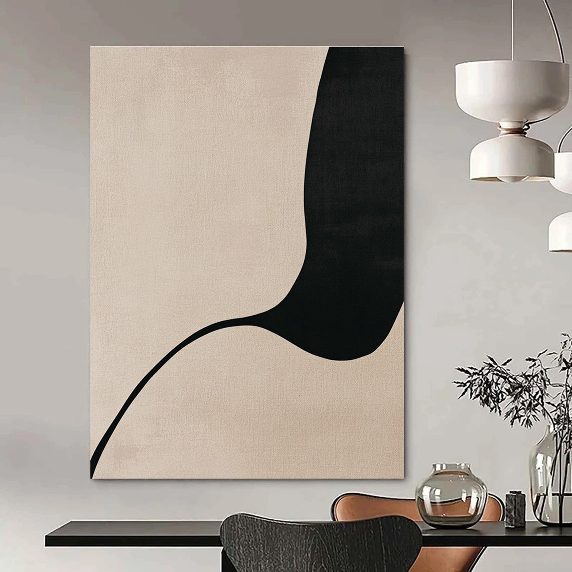 A large abstract painting featuring minimalist Japandi art with body curves in black line drawing on a soothing beige background.STSC1341