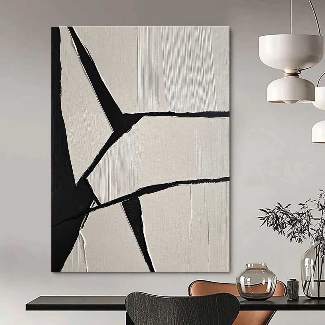 Large abstract painting featuring crumpled paper texture geometric shapes and a cloth detail in a modern gray color scheme.STSC1247