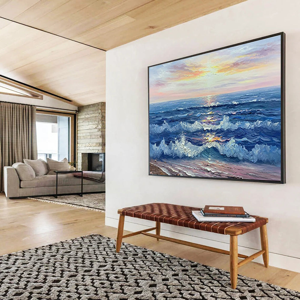 Sunset Sea Abstract Painting with Blue, Orange, and Pink Tones THY218