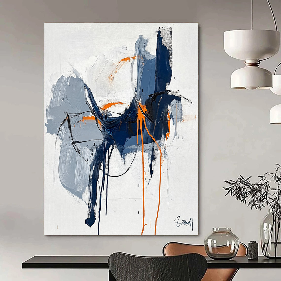 Large abstract painting featuring blue and orange lines draping organically with a black outline set against a white background in an expressionist style.STSC676