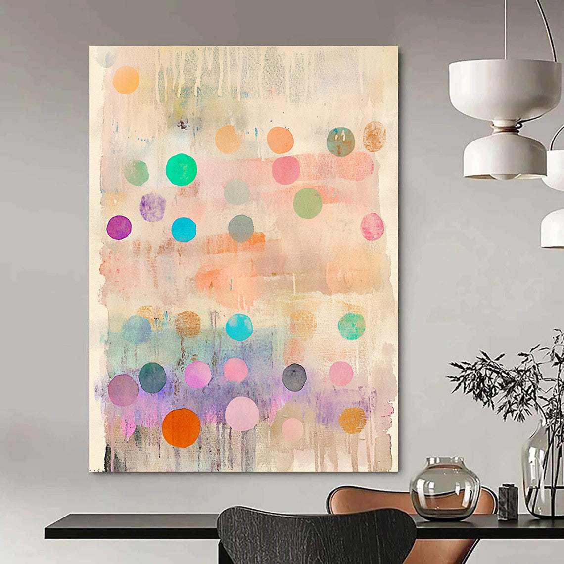 Large abstract painting featuring delicate pastel colors with whimsical round shapes and vibrant polka dot stripes creating an organic depth and dreamy quality.STSC1043
