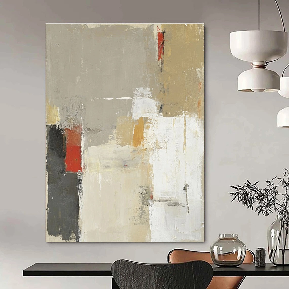 Large abstract painting in beige and gray with red accents featuring soft brush strokes and bold shapes.STSC616