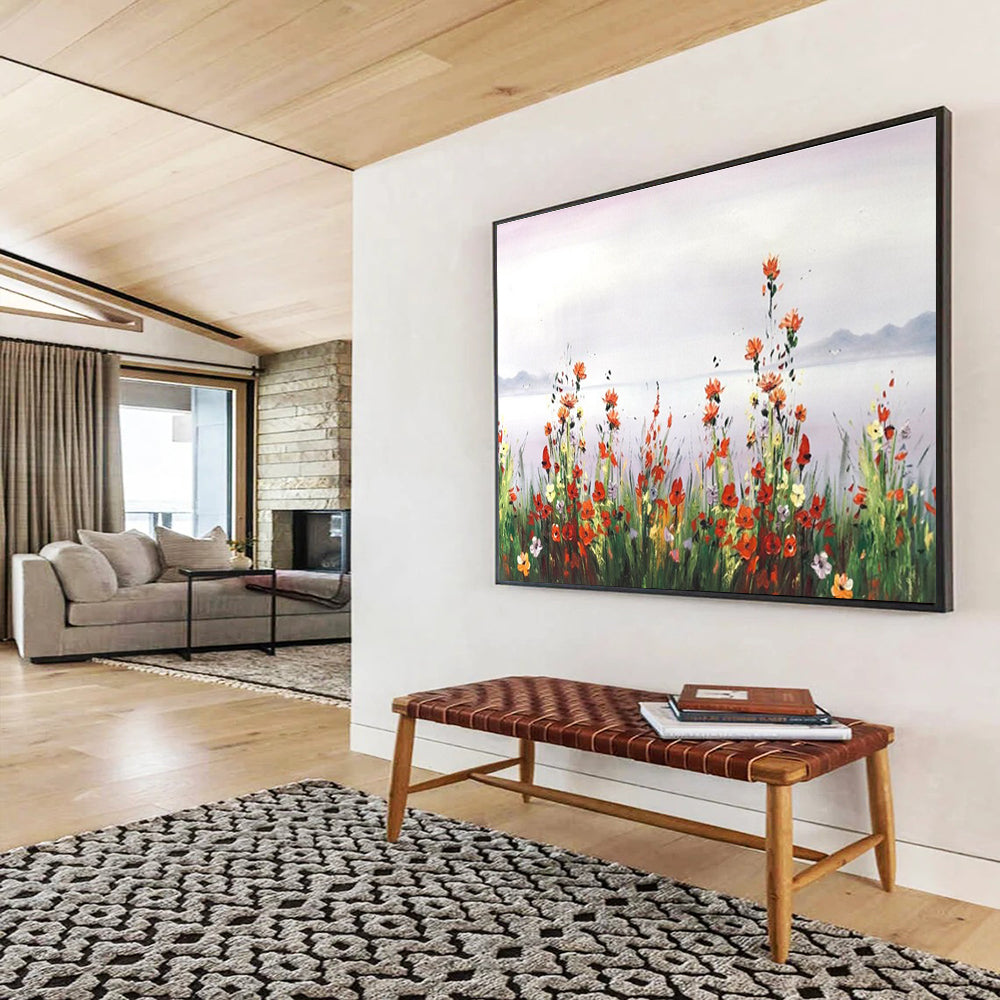 Wildflower Lake Abstract Painting with Red, Yellow, White, and Green Tones THY189