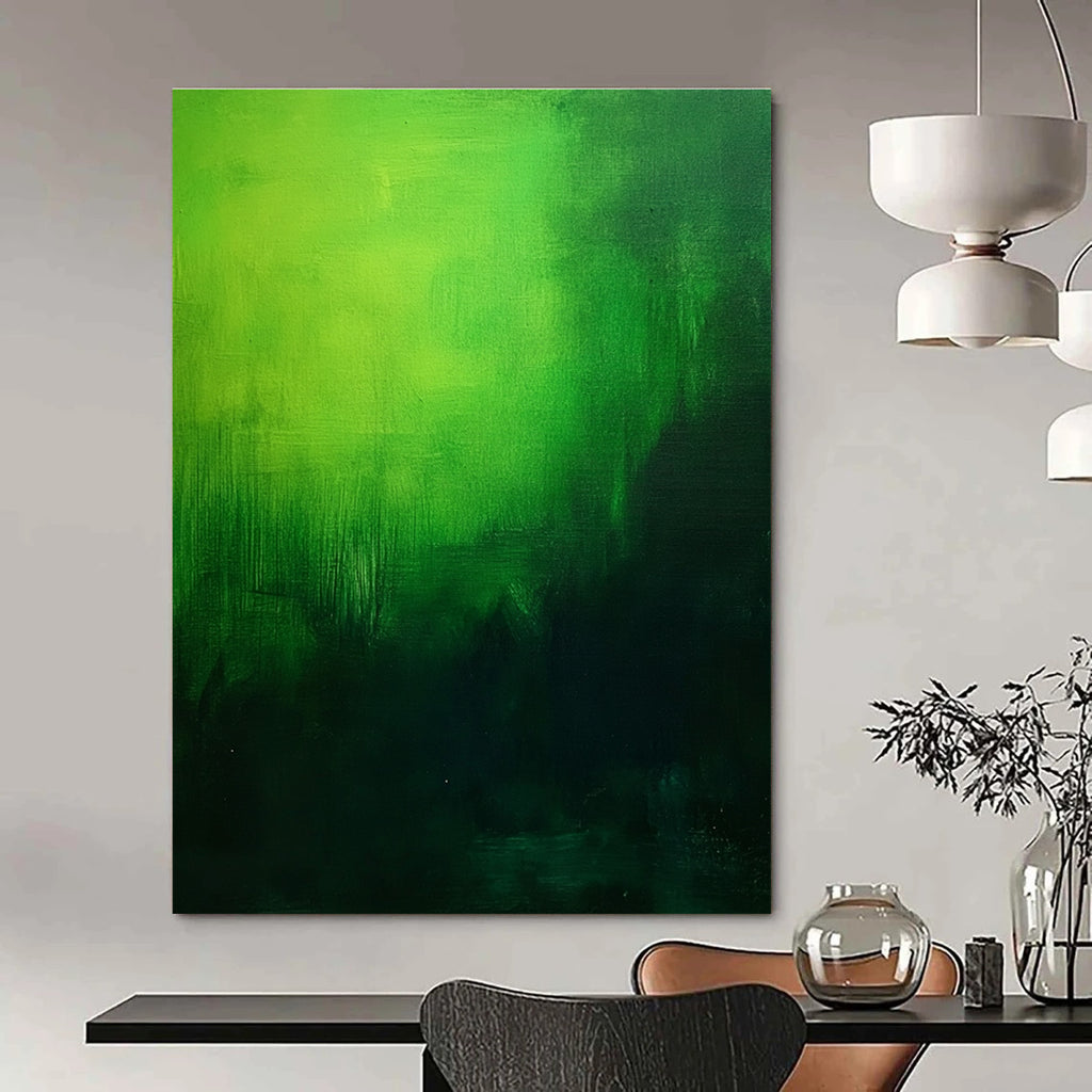 Large abstract painting featuring a green gradient on a dark background creating a moody and atmospheric foggy effect in oil on canvas.STSC310