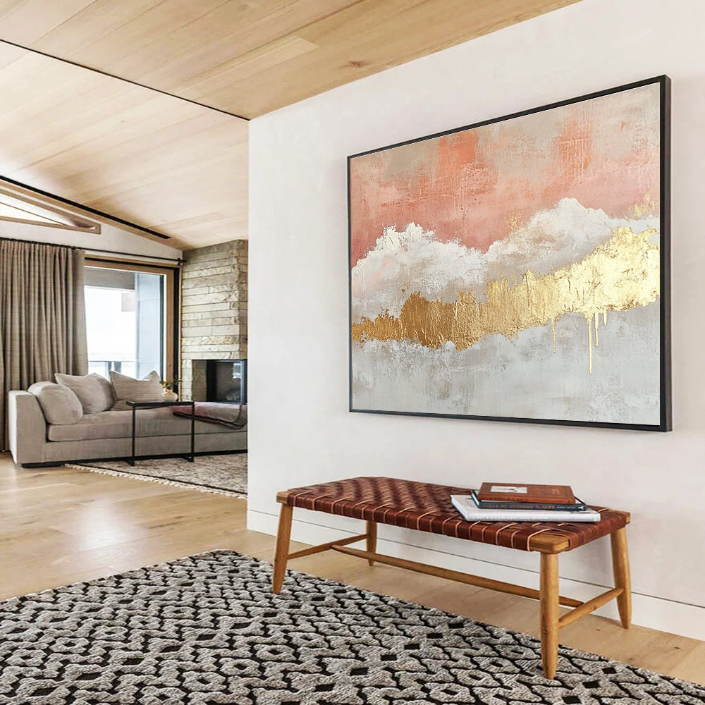 Large abstract painting featuring gold foil light pink and white clouds beige watercolor thin lines and gold leafing on canvas.SC236