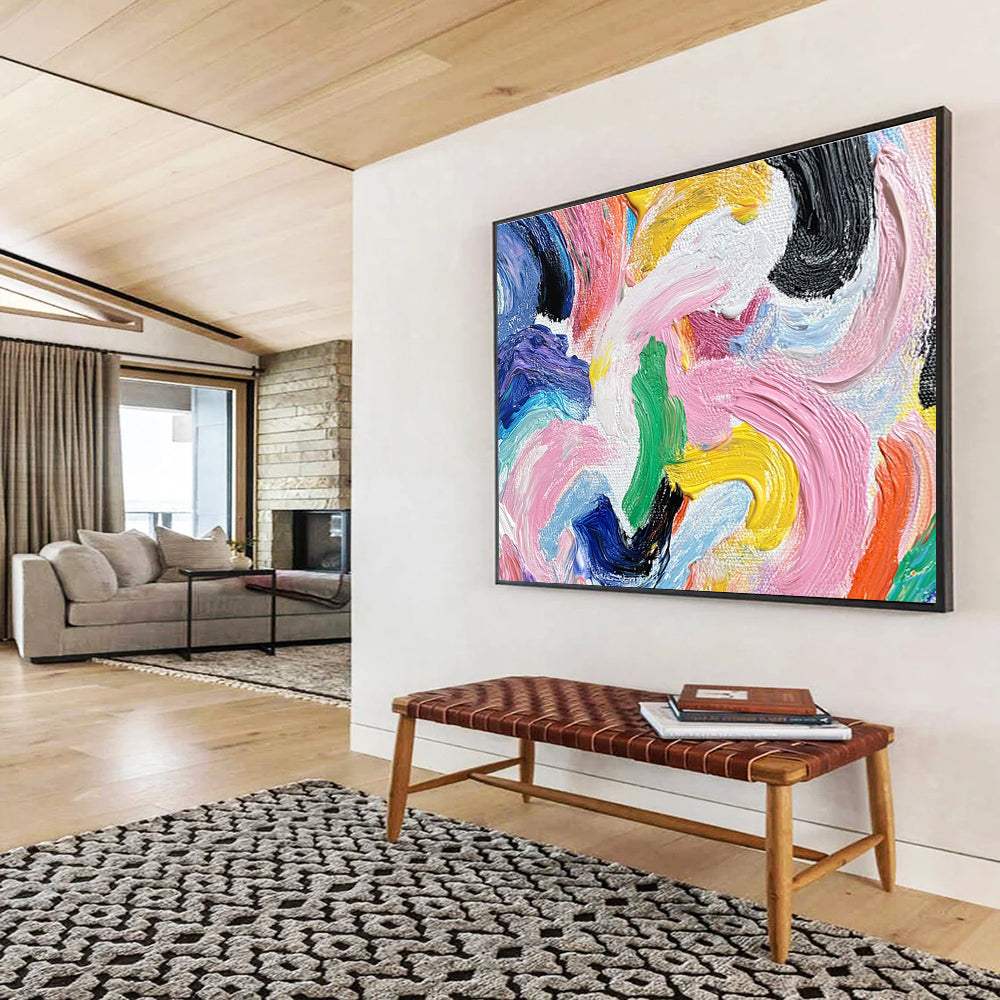 A large abstract painting with vibrant swirls of color and bold shapes, featuring a graceful silhouette of a woman with a high ponytail.SC436