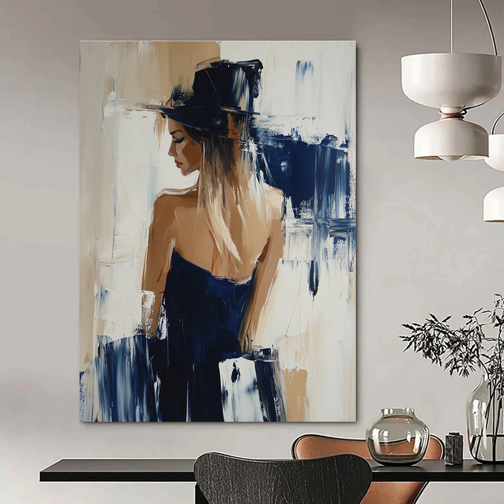 Abstract oil painting featuring a woman in Hunkemöller collection with beige and navy hues showcasing dynamic brushstrokes in Richard Schmid's style.STSC176
