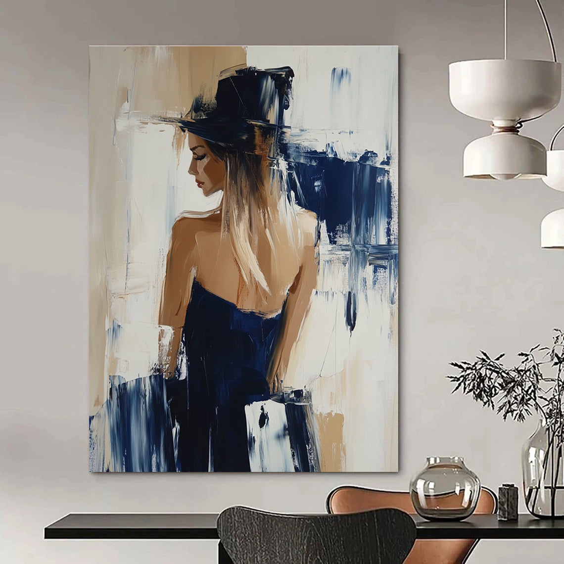 Abstract oil painting featuring a woman in Hunkemöller collection with beige and navy hues showcasing dynamic brushstrokes in Richard Schmid's style.STSC176