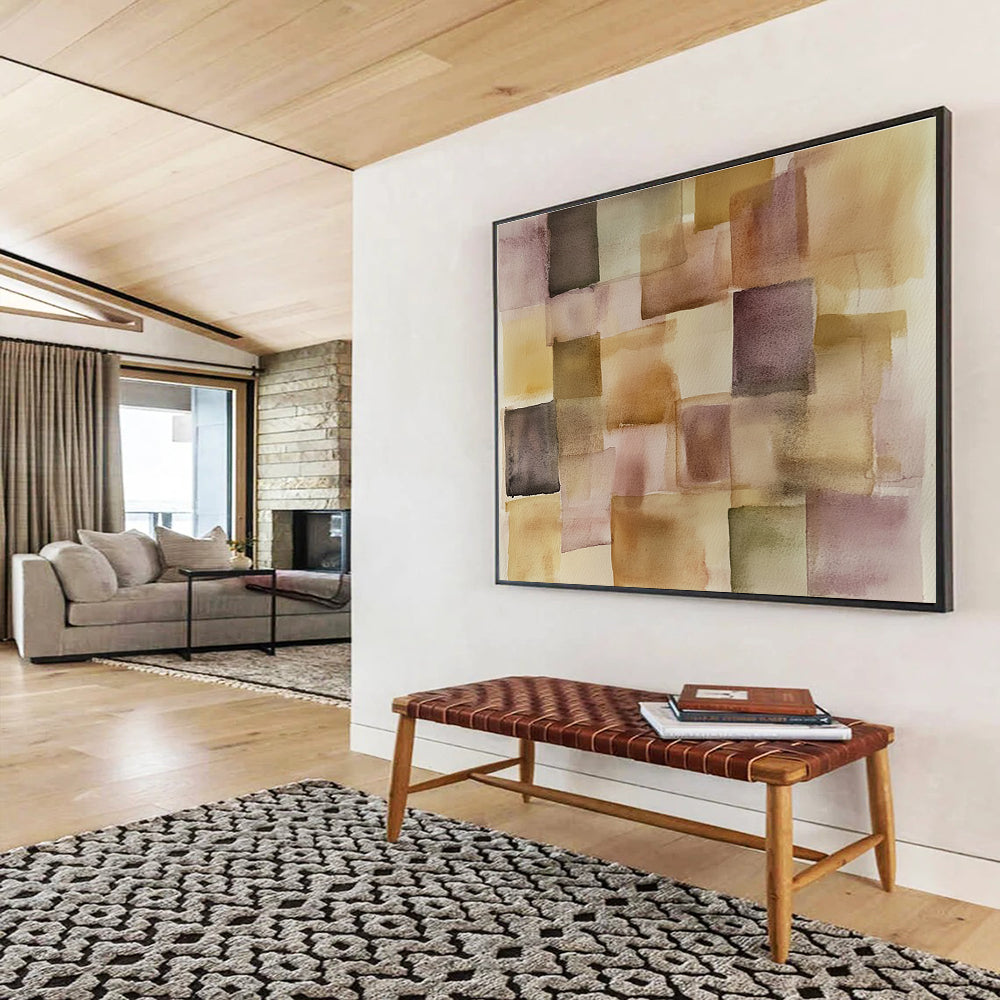 An abstract painting featuring soft pastel squares and rectangles in earthy tones of beige and brown, inspired by Paul Klee's style.SC619