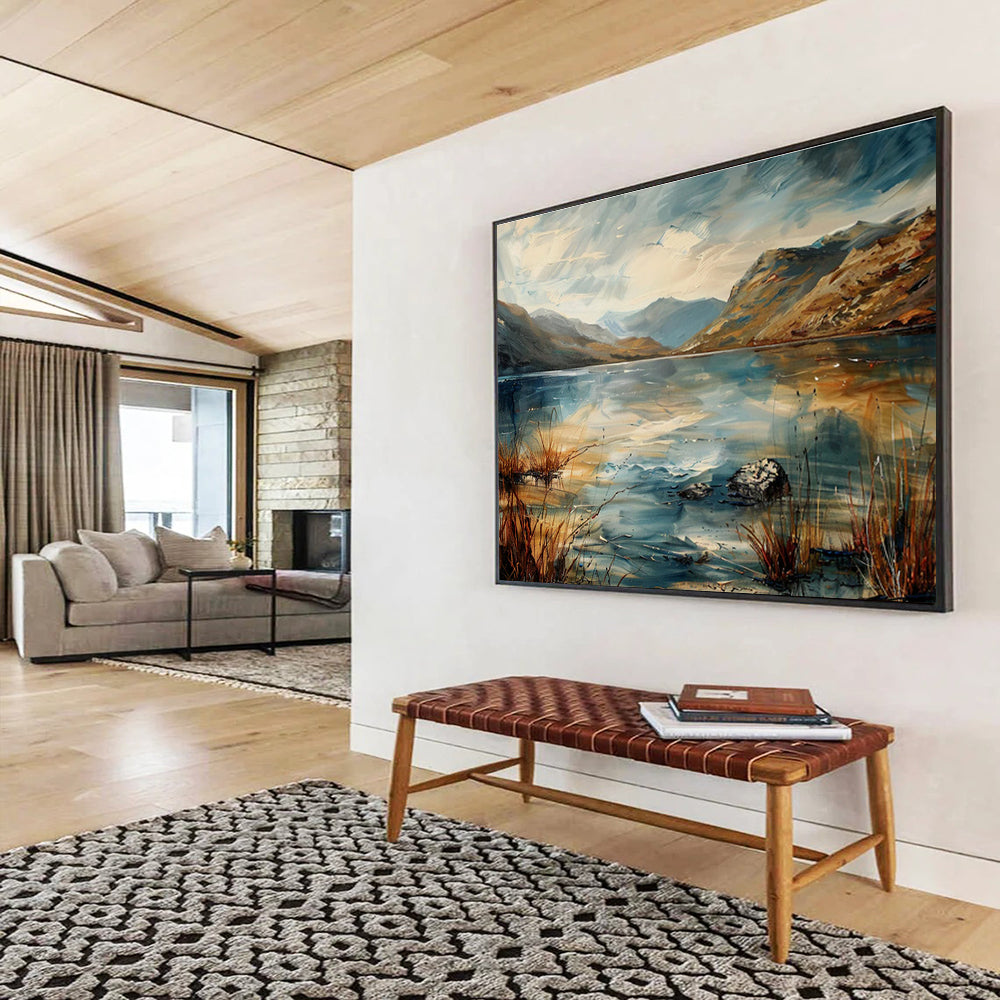 Lake Mountain Abstract Painting with Dynamic, Reflective Beauty THY403