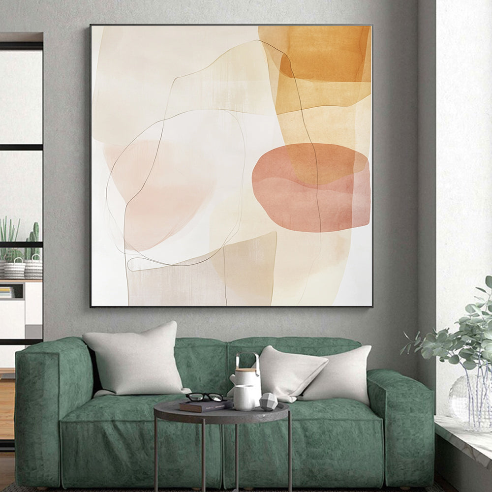 Soft - Toned Beige and Pink Abstract Painting with Delicate Lines GER260