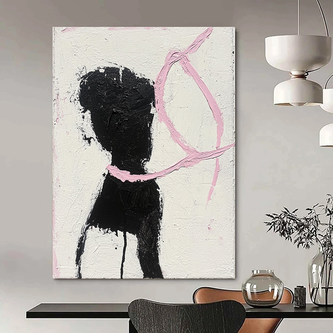 Abstract painting featuring a woman in black and white dancing with a pink ribbon surrounding her neck showcasing visible brush strokes and textured canvas.STSC1334