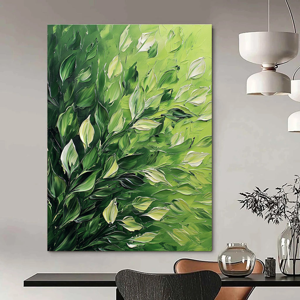 Large Abstract Painting Featuring Lush Foliage With Thick Brush Strokes Set Against A High Contrast Vibrant Green Background.STSC1310