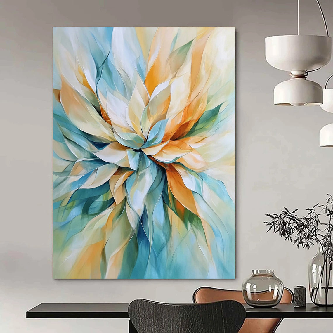 Abstract painting of a flower in light blue and beige with soft lines and pastel tones featuring accents of orange and green for depth.STSC670