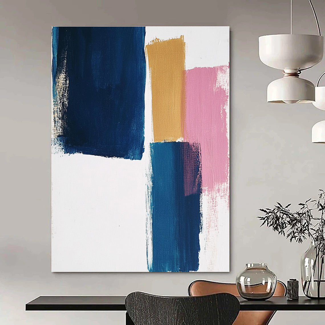 Large abstract painting featuring thick brush strokes on a white background with blocks of blue mustard and pastel pink colors.STSC1343