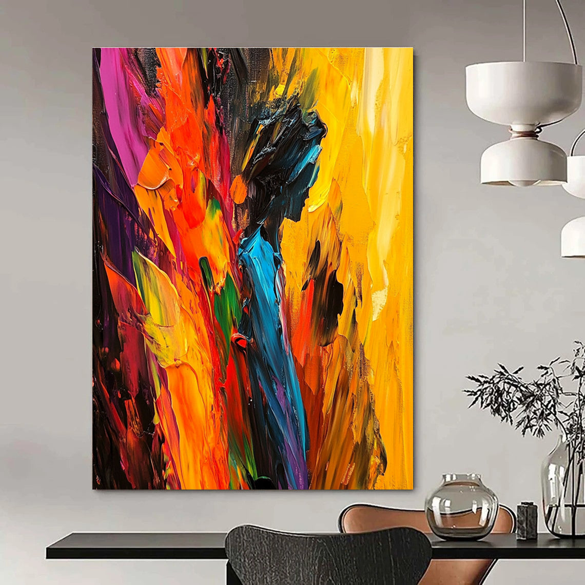 Large abstract painting with bold strokes vibrant colors and a dynamic central figure offering depth energy and passion.STSC938