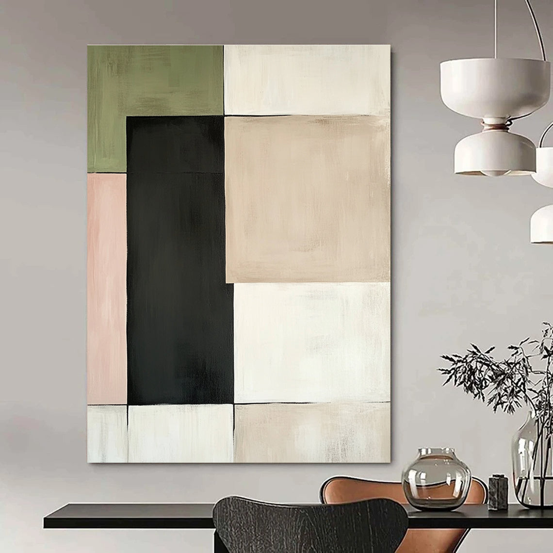 Large abstract painting featuring beige green and black squares with dark grey accents set against a white background with pale pink and light brown highlights.STSC764