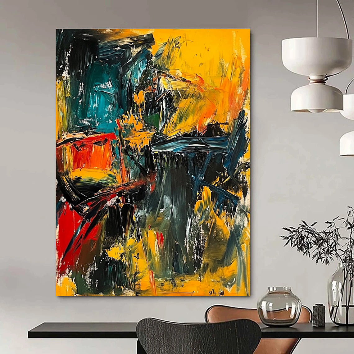 Large abstract painting depicting a dynamic war scene with bold strokes and vibrant colors conveying chaos and fear.STSC553