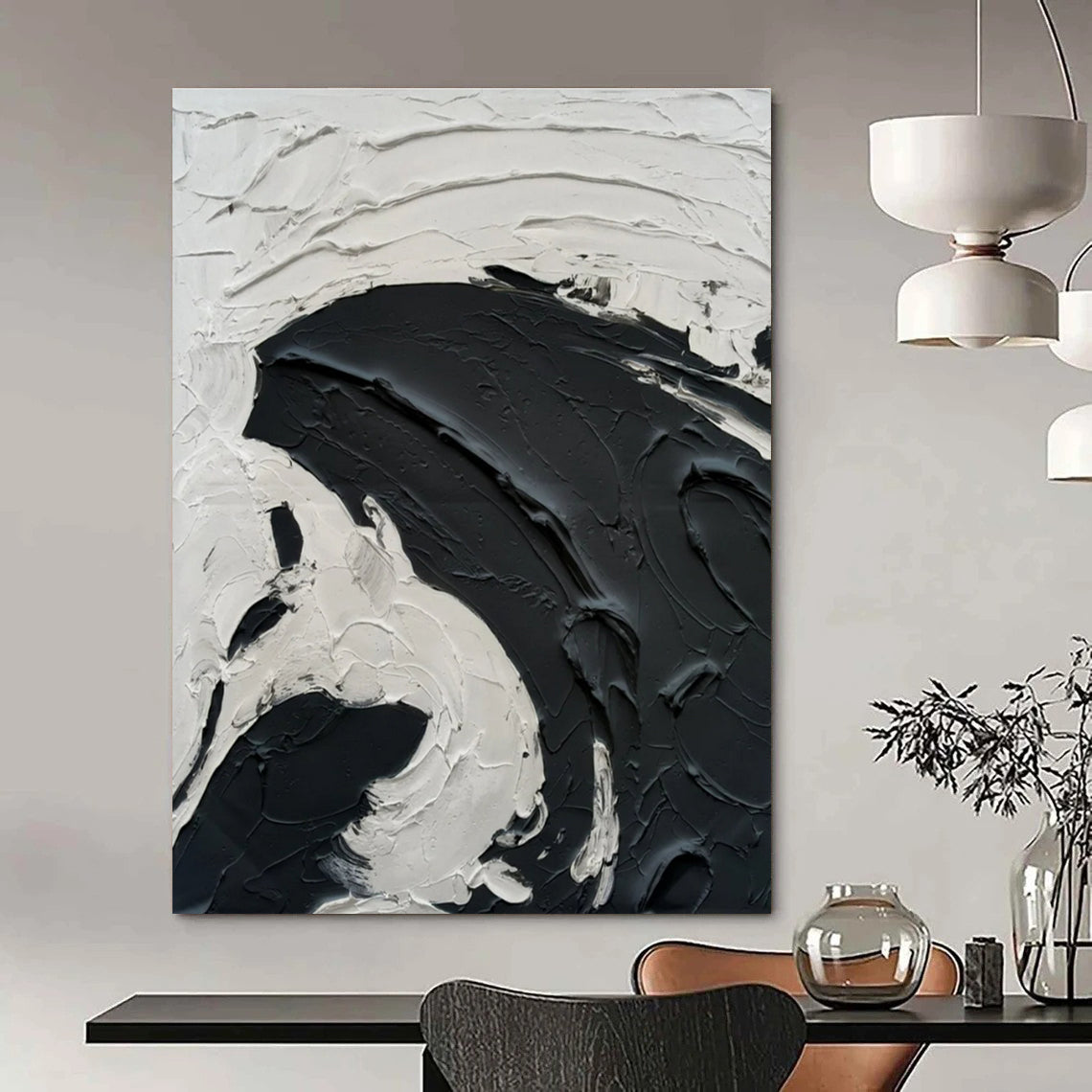 Black and White Bold Textured Swirl Abstract Painting ADGE389