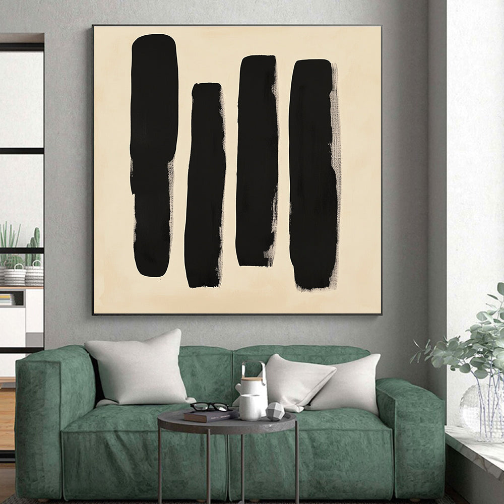 Black Vertical Strokes Abstract Painting on Beige Background GER240