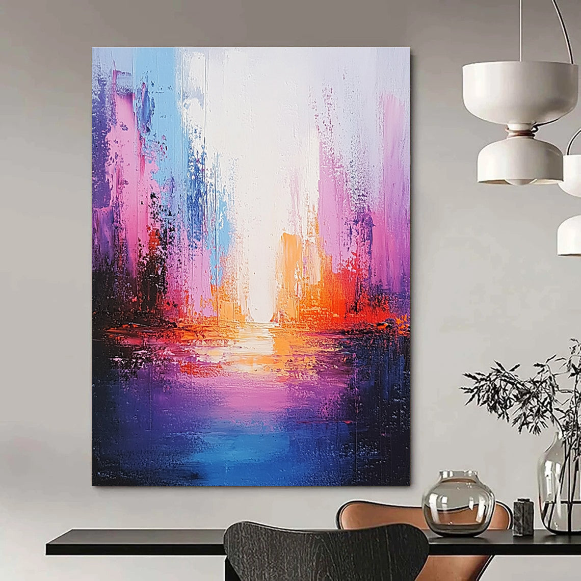 Large abstract painting of an ocean in light purple and pink with a tall illuminated building creating a soothing ethereal atmosphere.STSC264