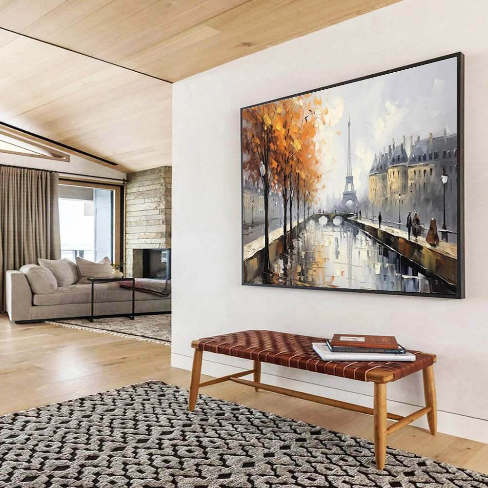 Paris Autumn Scene Abstract Painting with Orange, Grey, and White Tones THY171