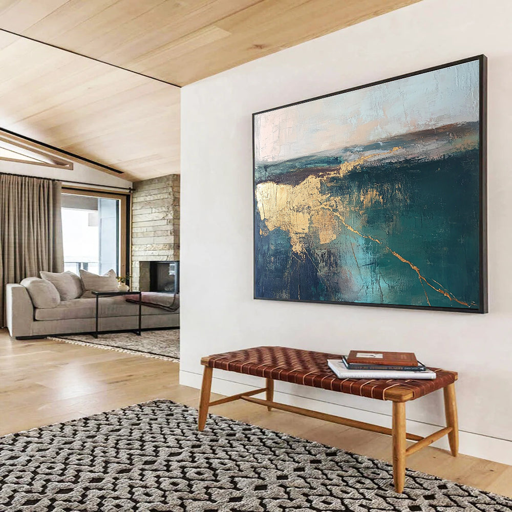 Large abstract painting featuring a green and blue lake landscape with golden cracks in neutral tones, perfect for modern decor.SC113