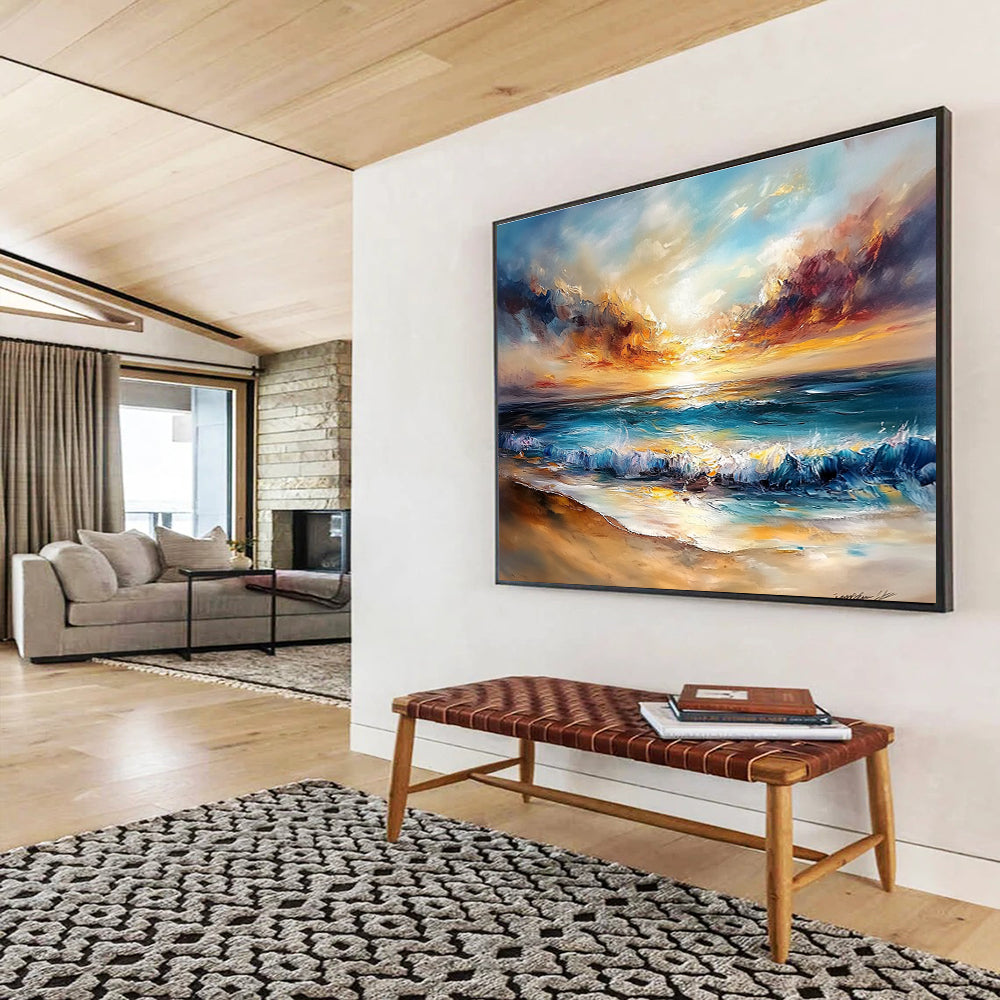 Abstract oil painting of a tranquil beach scene featuring a sunset with golden sand and vibrant colors evoking serenity and calmness for home decor.SC417