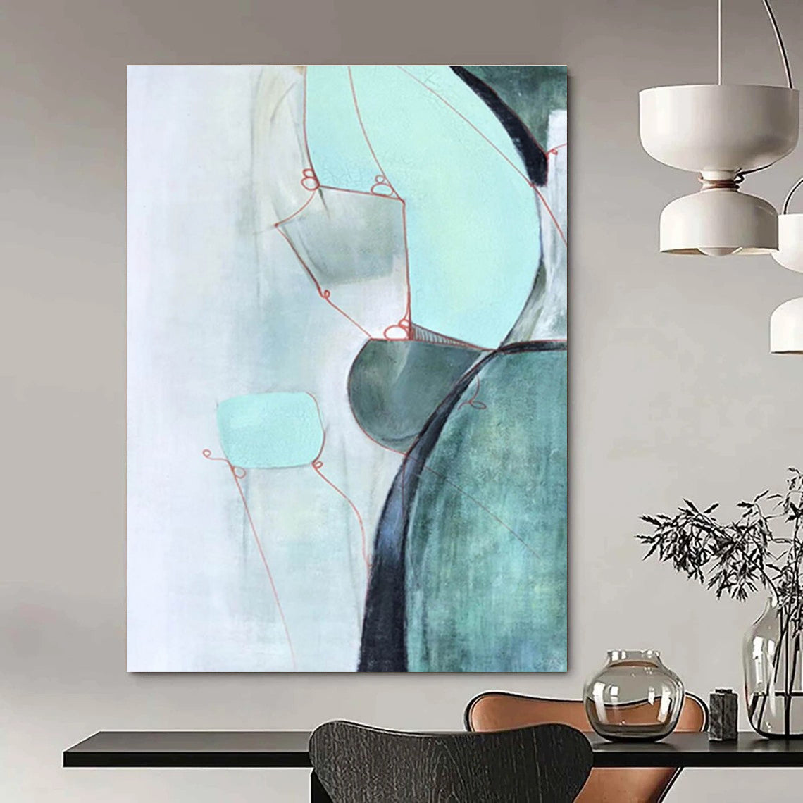 Mint Green and Red Line Abstract Painting ADGE250