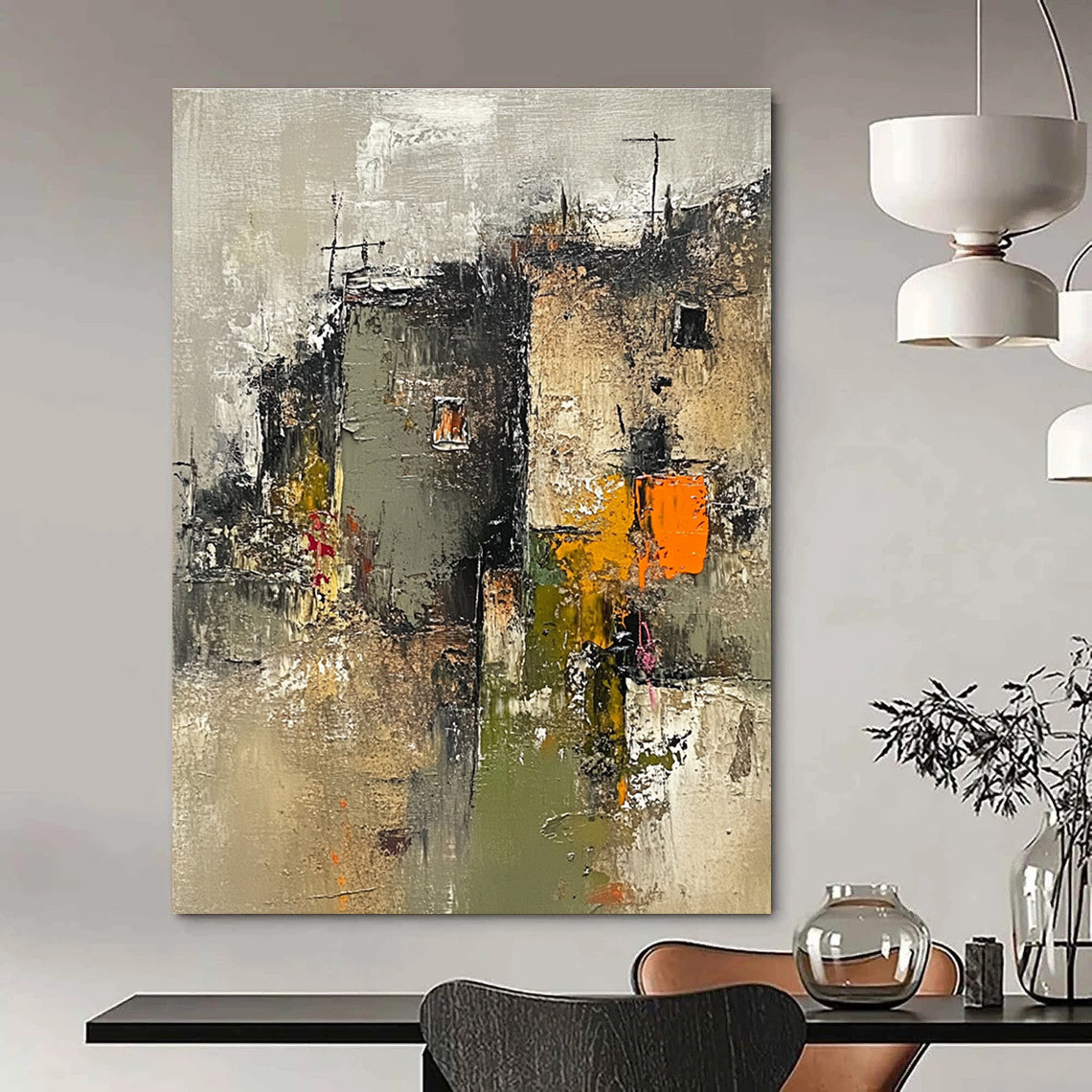 Large abstract painting of an old town with neutral grays greens beige orange and pink accents featuring loose brush strokes and a wabi-sabi aesthetic.STSC659