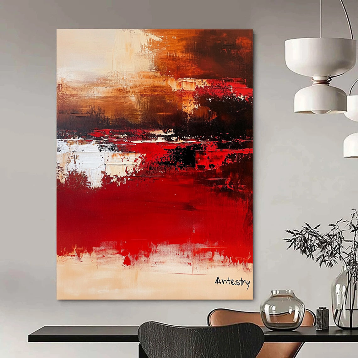 Large abstract painting with warm tones and soft edges titled Antestry creating a calm atmosphere inspired by Marc Chagall's minimalist style.STSC458
