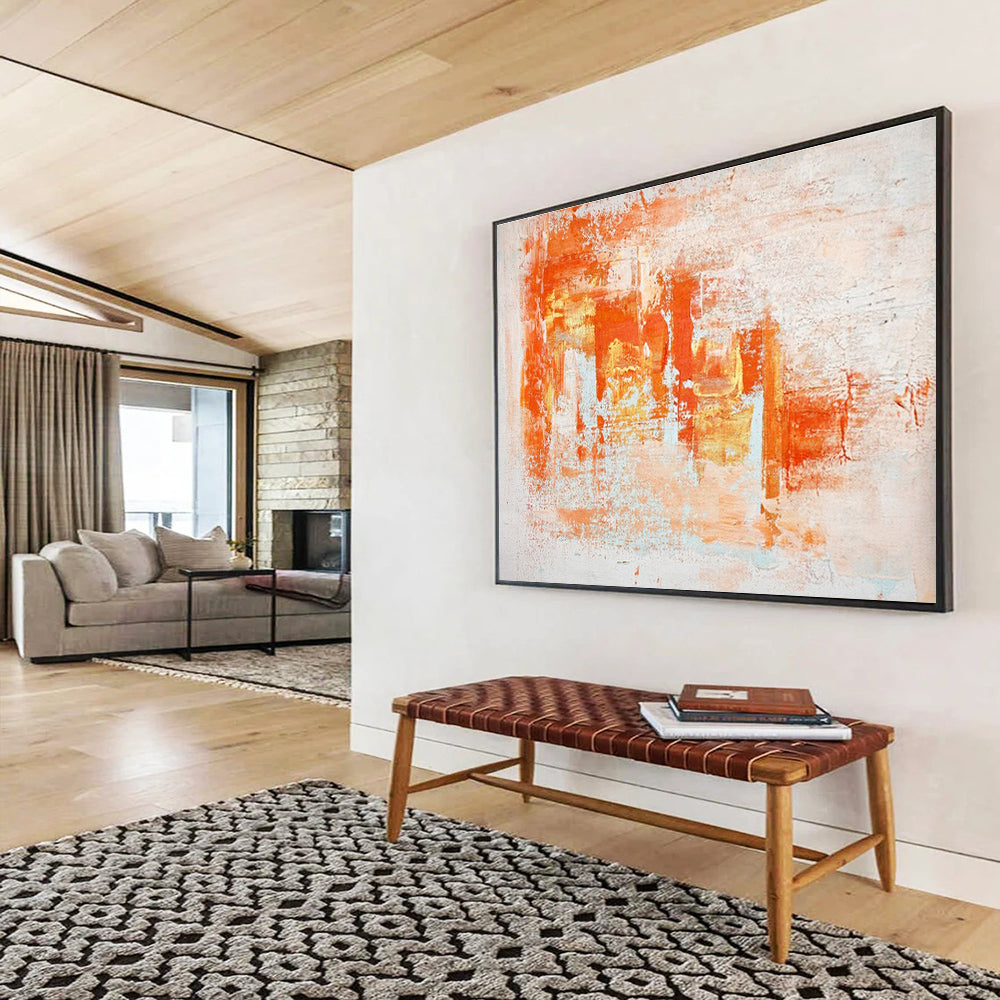 Orange White Abstract Painting with Warm, Energetic Brushstrokes THY377