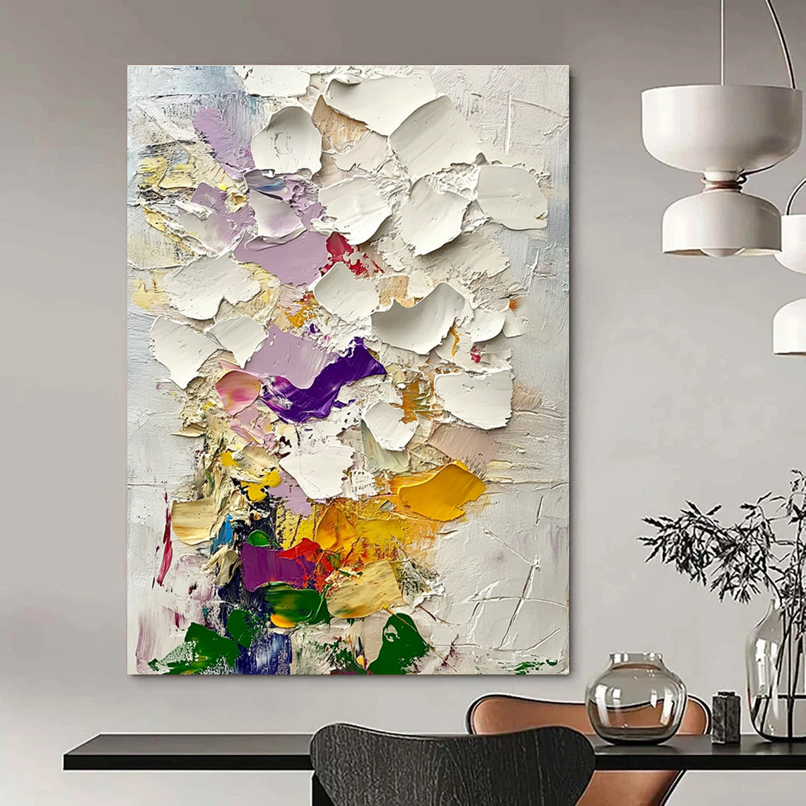 Large abstract painting of textured clouds in pinks purples and yellows with green leaves inspired by Gustav Klimt's style.STSC364