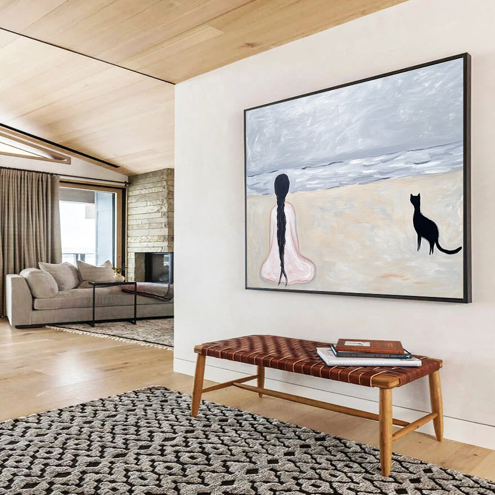 Gray Sea Scene - Girl and Cat Abstract Painting DYP060
