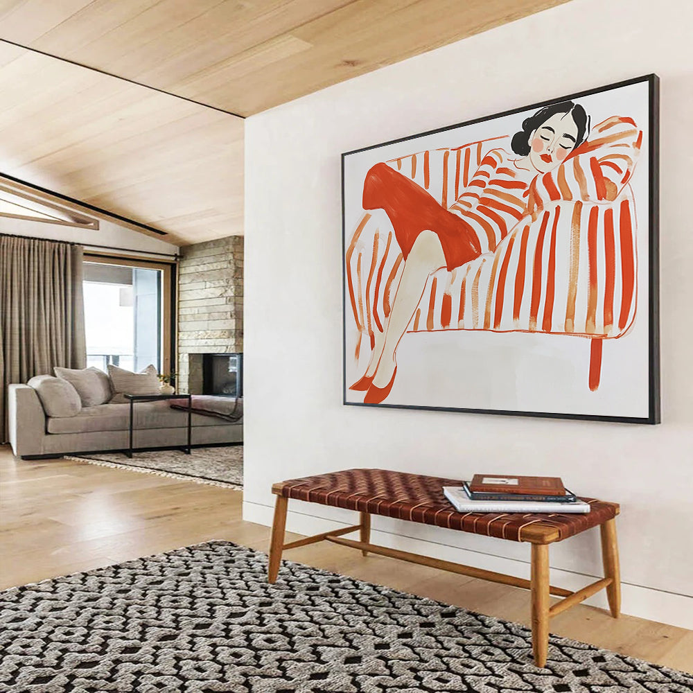 A large abstract painting in gouache featuring a woman lounging on a striped couch with simple lines in red and orange hues on a white background.SC496